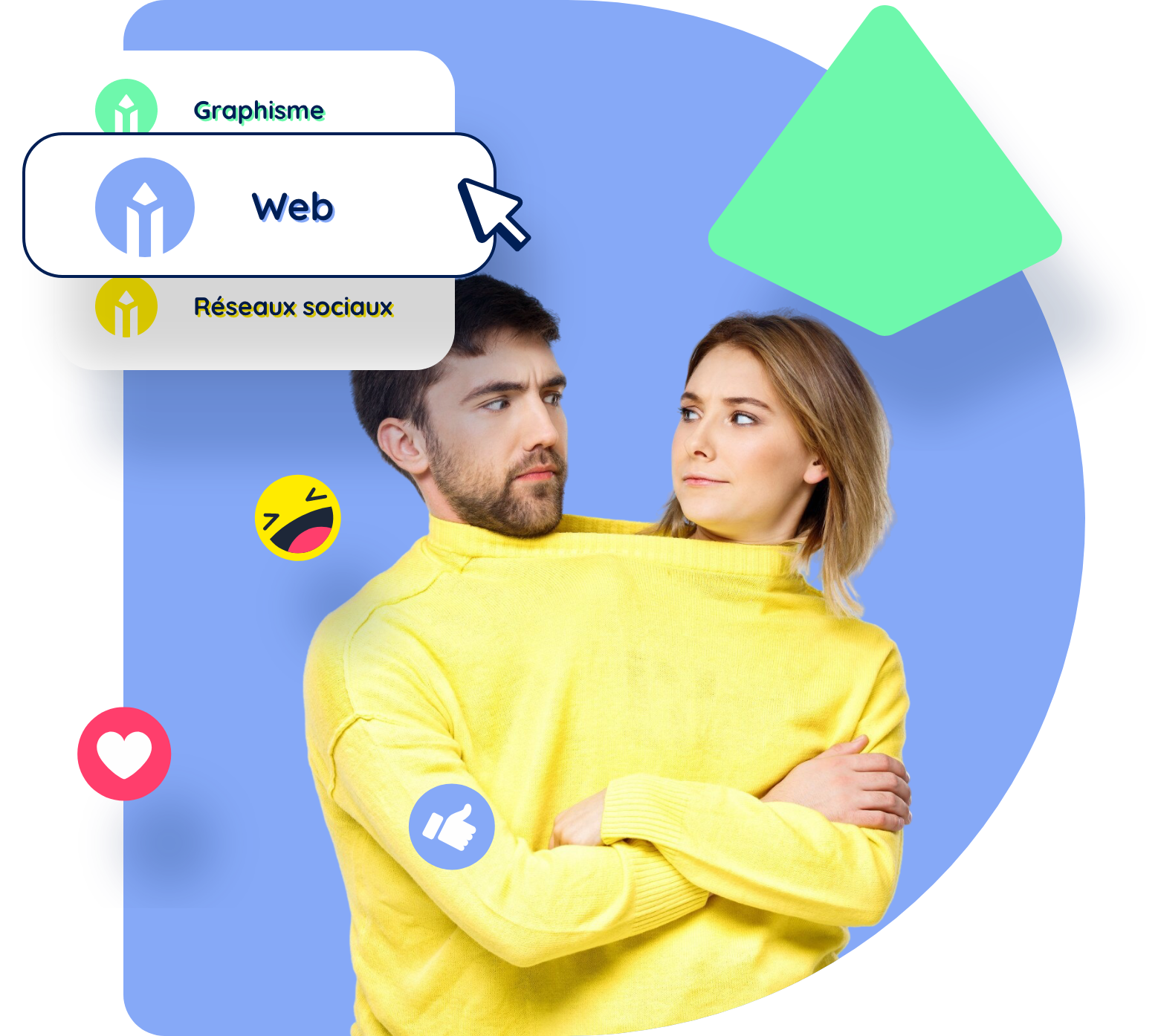 Illustration créative représentant les services graphisme, web et réseaux sociaux